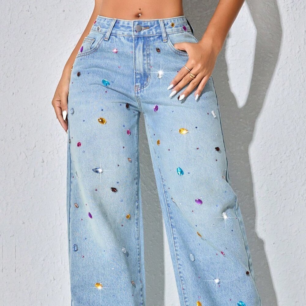 Blue Casual Women's Pearl Decor Low Waist Wide Leg Jeans With Slant Pockets - Picture 4 of 6